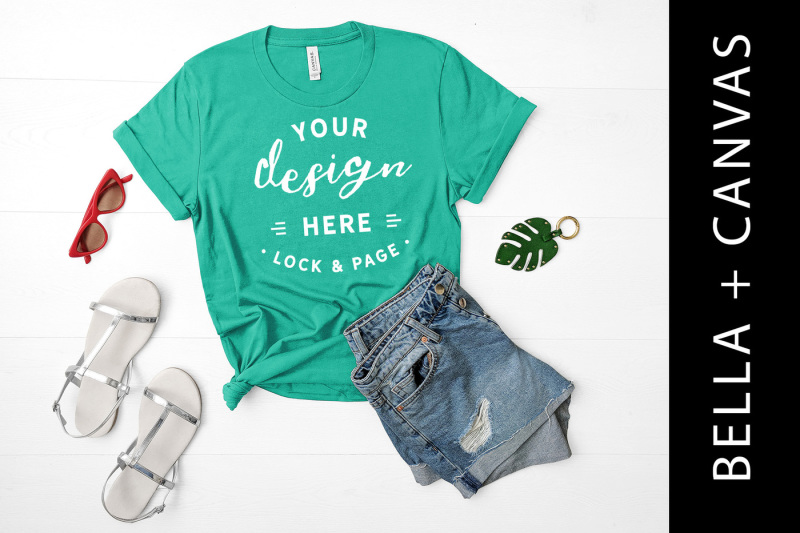 Free Kelly Bella Canvas 3001 T-Shirt Mockup Clothing Flat Lay (PSD Mockups)