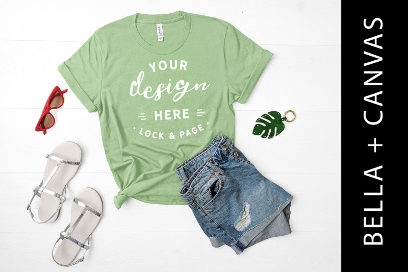 Free Leaf Bella Canvas 3001 Green TShirt Photograph Mockup Flat Lay (PSD Mockups)
