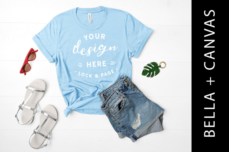 Free Ocean Blue Bella Canvas 3001 TShirt Mockup Flat Lay (PSD Mockups)
