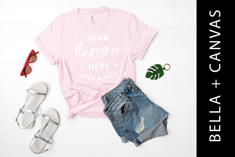 Free Pink Bella Canvas 3001 T-Shirt Mockup Fashion Flat Lay Rustic Wood (PSD Mockups)