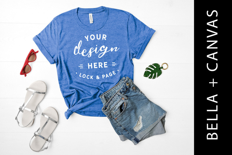 Free Heather True Royal Bella Canvas 3001 T Shirt Mockup Summer Flat Lay (PSD Mockups)