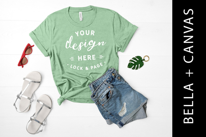 Free Heather Prism Mint T-Shirt Mockup Bella Canvas 3001 Summer Flat Lay (PSD Mockups)