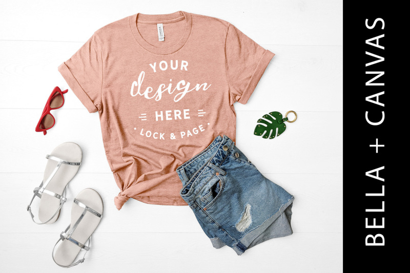 Free Heather Sunset Bella Canvas 3001 TShirt Mockup Female Flat Lay (PSD Mockups)
