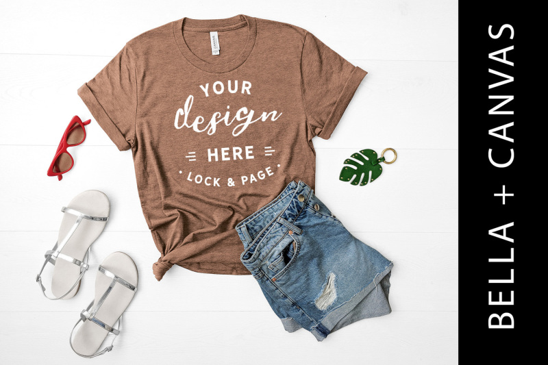 Free Heather Brown Bella Canvas 3001 Tshirt Mockup Cute Flat Lay (PSD Mockups)
