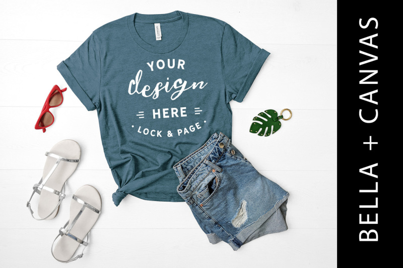 Free Heather Deep Teal Bella Canvas 3001 TShirt Mockup Feminine Flat Lay (PSD Mockups)