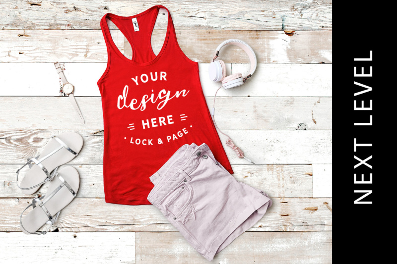 Free Red Next Level 1553 Tank Top Mockup Muscle Top Vest Flat Lay (PSD Mockups)