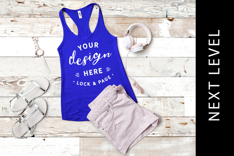 Free Royal Next Level 1533 Tank Mockup Summer Beach Apparel Flat Lay (PSD Mockups)