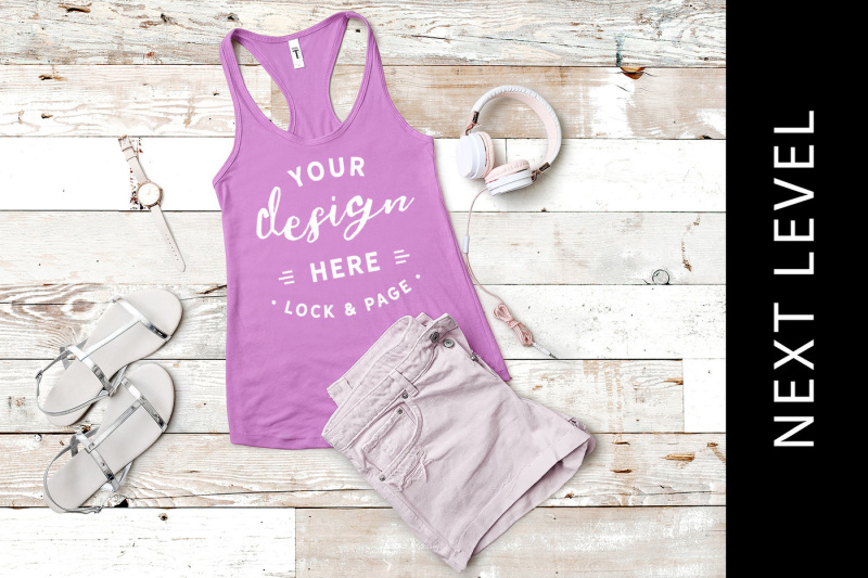 Free Lilac Next Level 1533 Tank Top Vest Mockup Racerback Flat Lay (PSD Mockups)