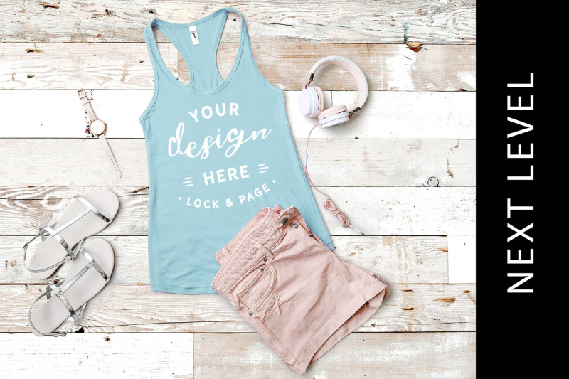 Free Blue Cancun Next Level 1533 Tank Top Mockup Feminine Summer Flat Lay (PSD Mockups)