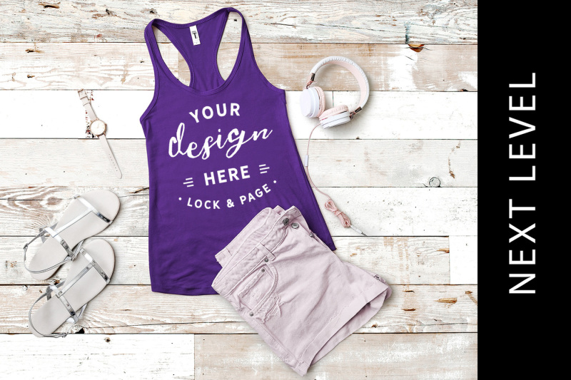 Free Purple Rush Next Level 1533 Tank Top Beach Style Mockup (PSD Mockups)