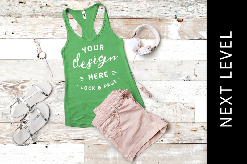 Free Kelly Green Next Level 1533 Tank Top Mockup Racerback Flat Lay (PSD Mockups)