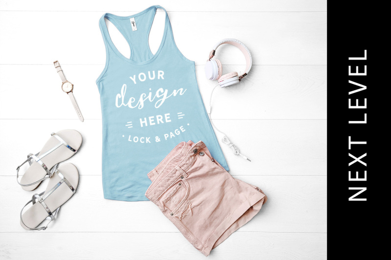 Free Blue Cancun Next Level 1533 Tank Top Mockup Girls Beach Flat Lay (PSD Mockups)