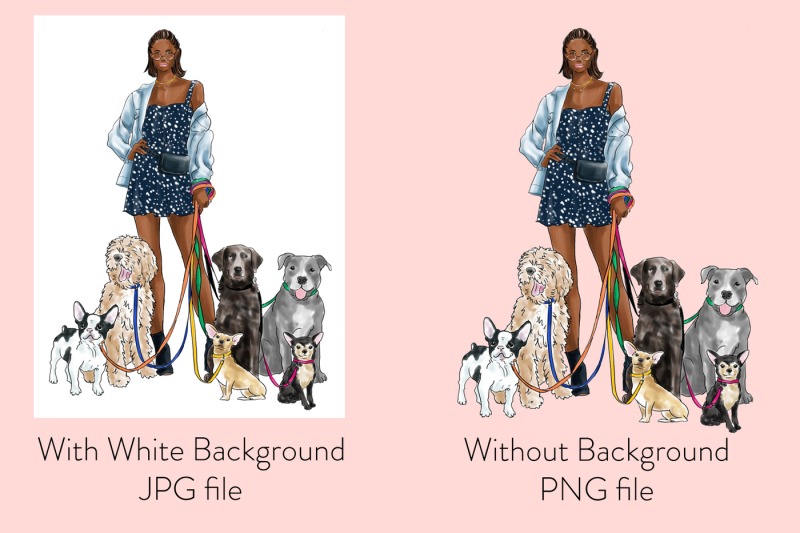 watercolor-fashion-illustration-girl-with-dogs-dark-skin