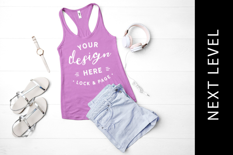 Free Lilac Next Level 1533 Tank Top Muscle Top Mockup Racerback Flat Lay (PSD Mockups)