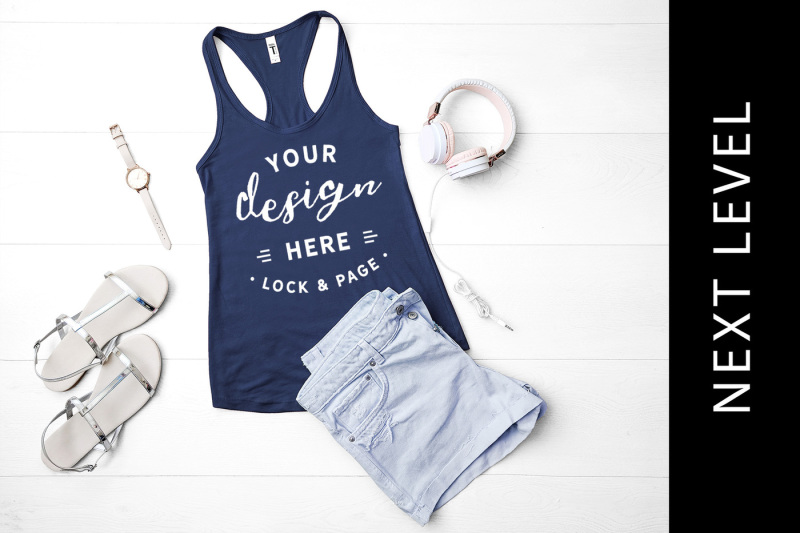 Free Indigo Next Level 1533 Tank Top Vest Flat Lay Ladies Racerback Mockup (PSD Mockups)