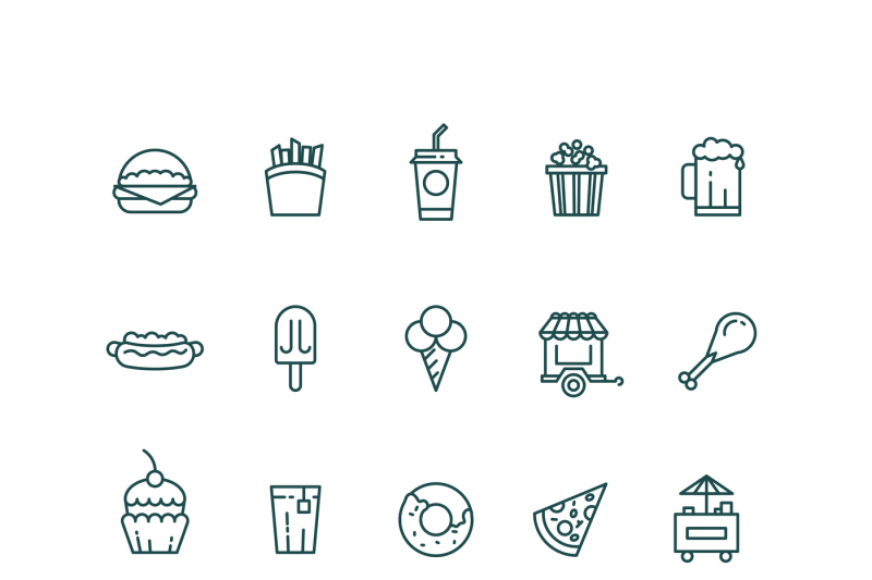 fast-food-and-snack-thin-line-vector-icons-set