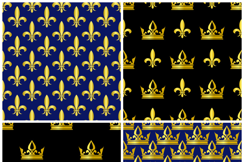 golden-crowns-and-fleur-de-lis-seamless-patterns-set