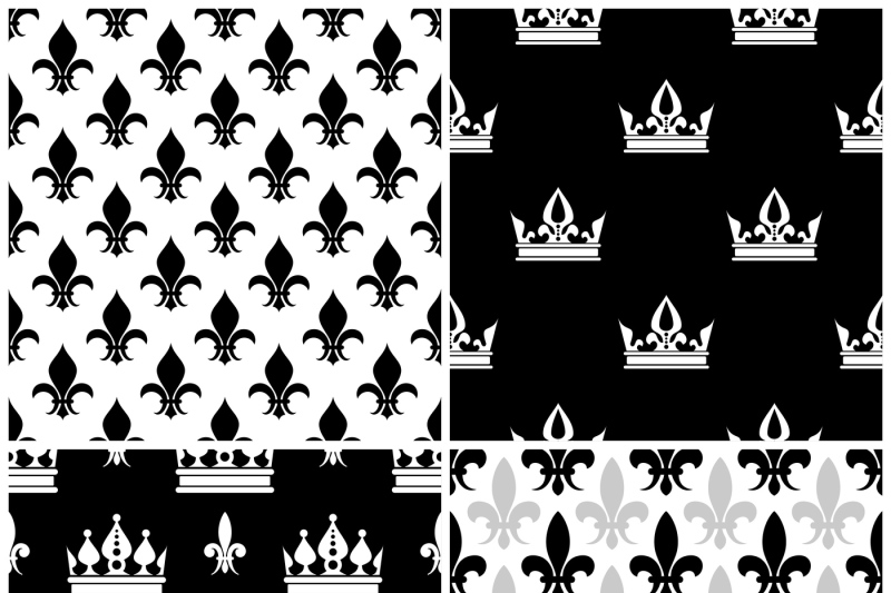 vector-crowns-and-fleur-de-lis-seamless-patterns-set-in-black