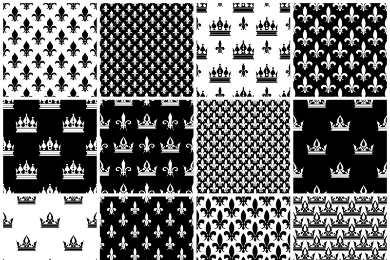 vector-crowns-and-fleur-de-lis-seamless-patterns-set-in-black