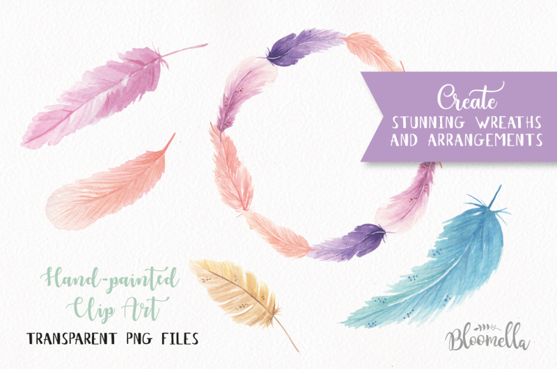 feathers-38-elements-watercolor-pretty-boho-mix-colourful