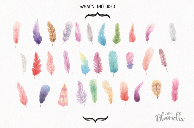 feathers-38-elements-watercolor-pretty-boho-mix-colourful