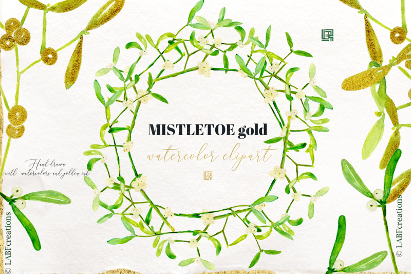 mistletoe-gold-watercolor-hand-drawn-clipart-set-with-real-golden-in