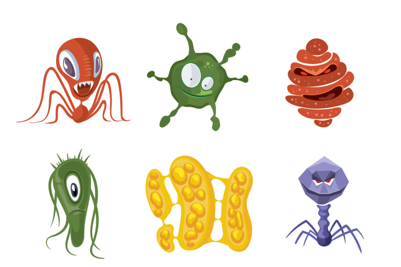 bacteria-virus-germs-cartoon-vector-characters-flu-and-aids-microbes