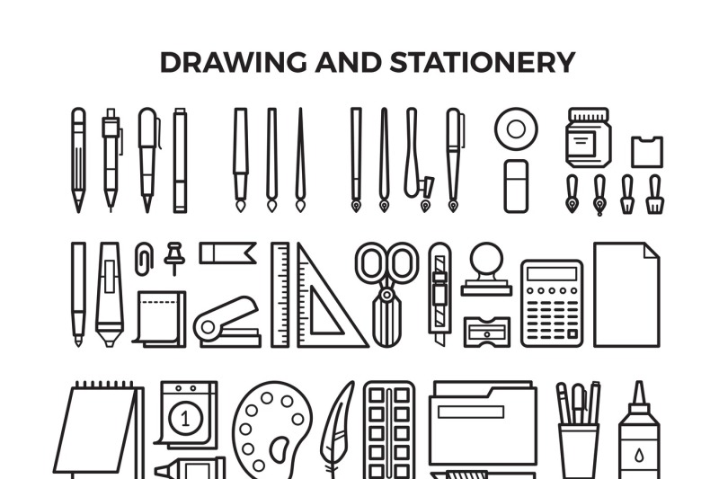 office-stationery-and-drawing-tools-line-icons