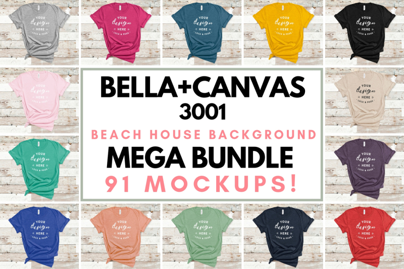 bella-canvas-3001-t-shirt-mockup-bundle-all-colors-on-wood-background