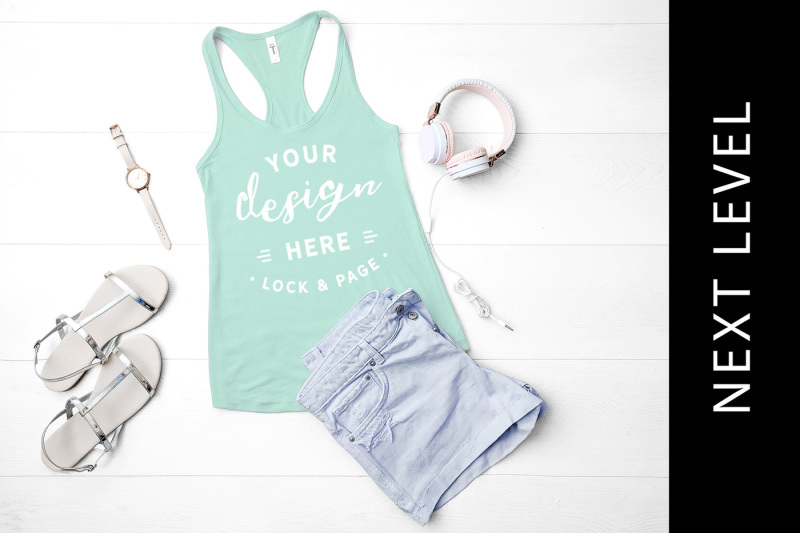 Free Mint Tank Gym Top Mockup Next Level 1533 Feminine Flat Lay (PSD Mockups)