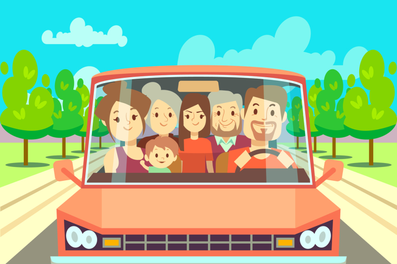 happy-family-traveling-by-car-driving-on-road-vector-illustration