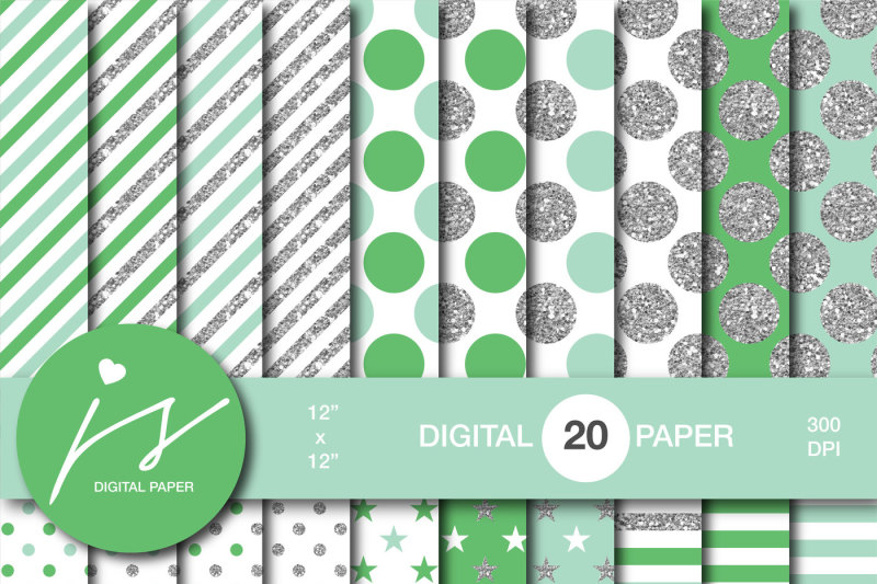 green-glitter-silver-digital-paper-mi-941