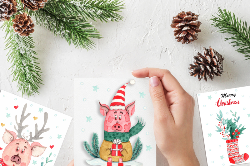 watercolor-christmas-pig-collection