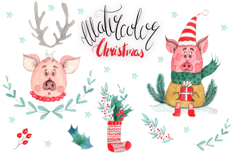 watercolor-christmas-pig-collection