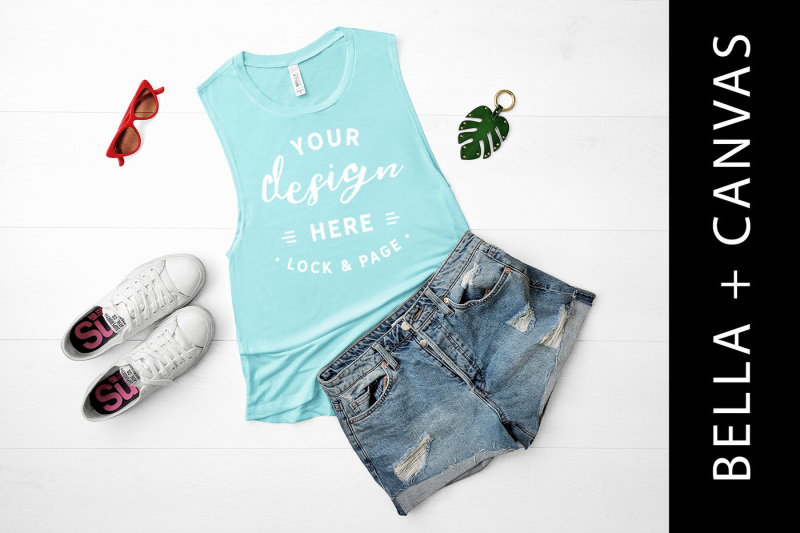 Free Teal Bella Canvas 8803 Tank Top Mockup Fashion Flat Lay (PSD Mockups)