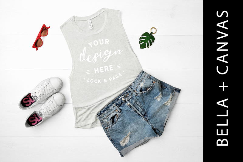 Free Heather Sand Bella Canvas 8803 Mockup Tank Top Flat Lay (PSD Mockups)