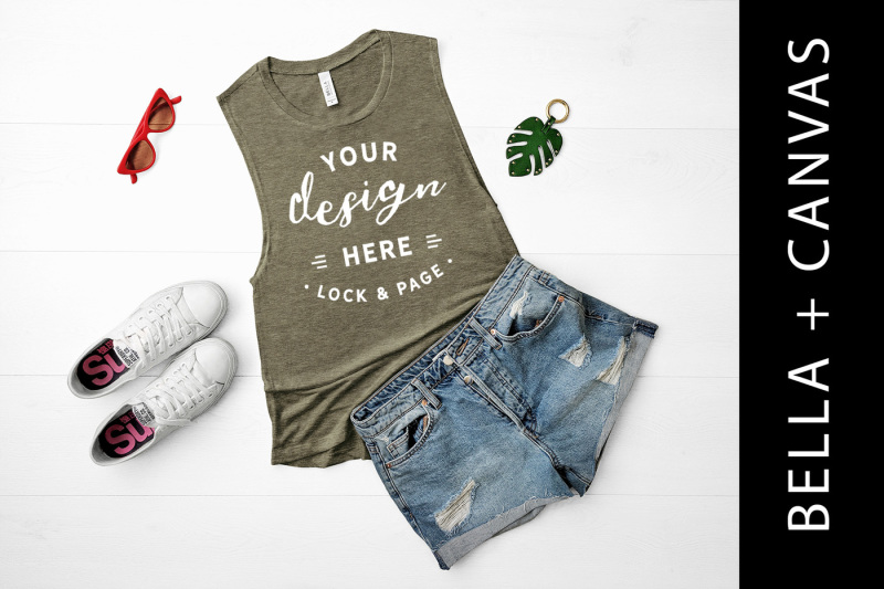 Free Heather Olive Bella Canvas 8803 Tank Top Mockup Flat Lay (PSD Mockups)