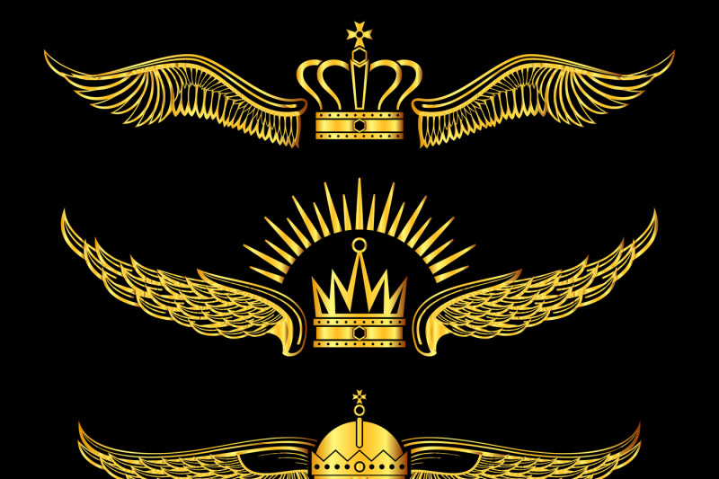 set-of-golden-winged-crowns-logos-black-background