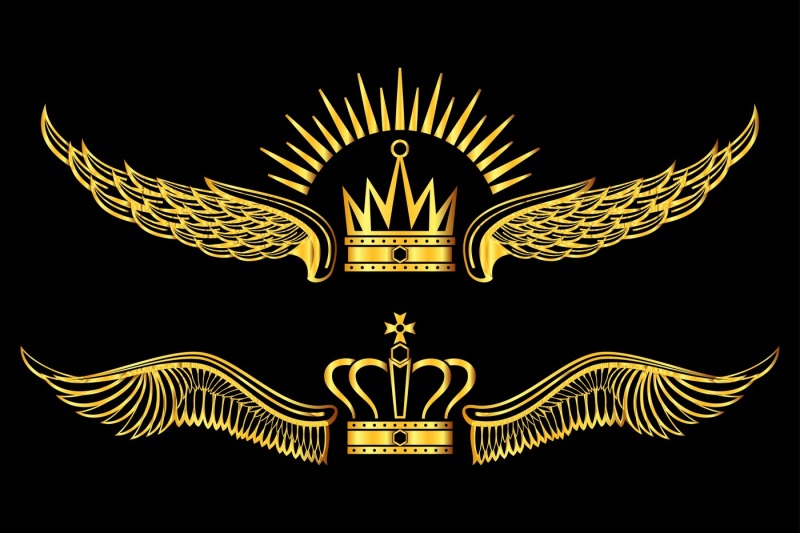 set-of-golden-winged-crowns-logos-black-background