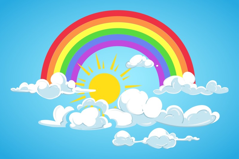 vector-sun-rainbow-and-clouds-blue-sky