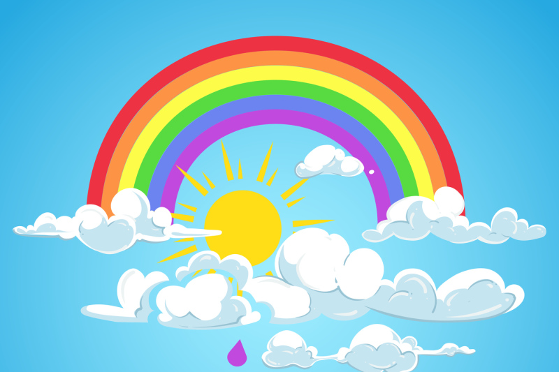 vector-rainbow-and-clouds-with-falling-rain-blue-sky