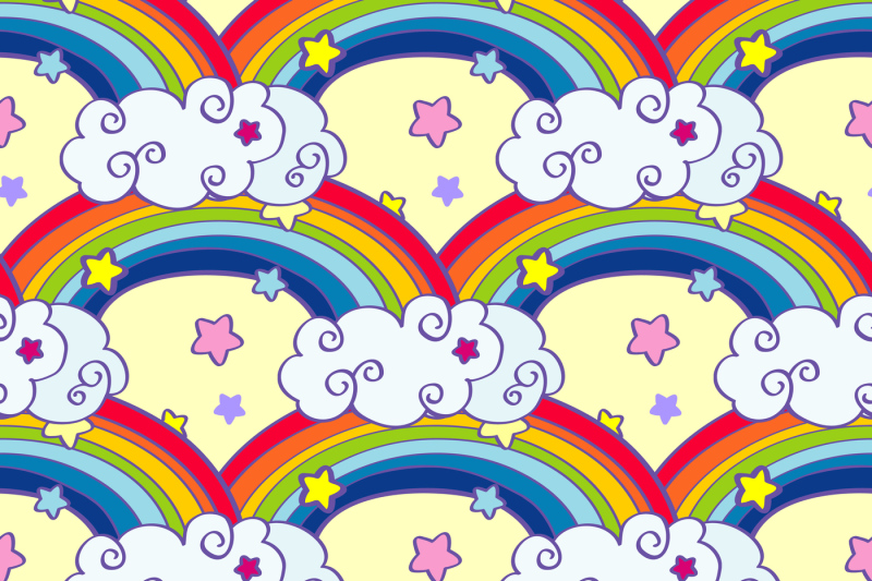 hand-drawn-cartoon-rainbow-clouds-and-stars-seamless-pattern