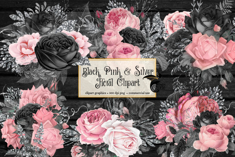 black-pink-and-silver-floral-clipart