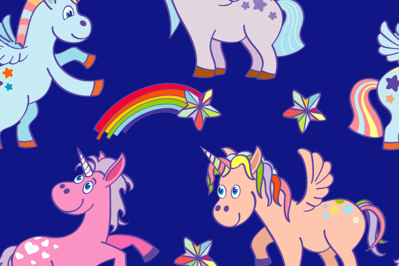 vector-hand-drawn-unicorns-seamless-pattern-blue-sky