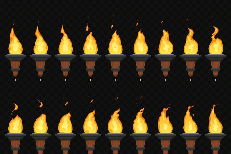 torch-fire-animation-burning-cresset-flames-on-torches-and-flambeau