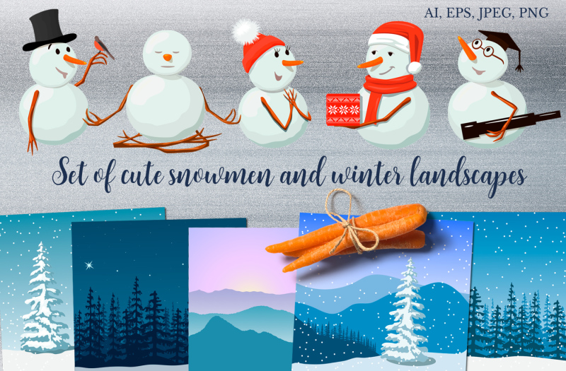 set-of-cute-snowmen-and-winter-landscapes