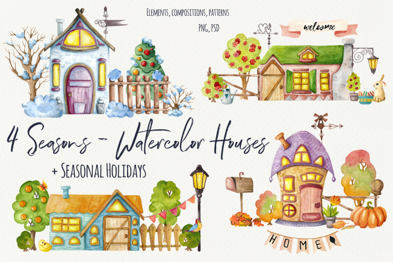 4-seasons-watercolor-houses