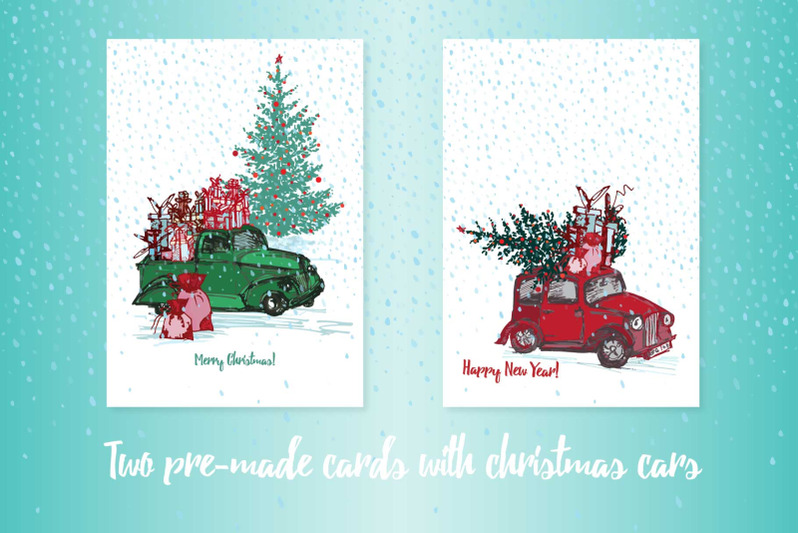 hand-drawn-sketch-christmas-tree-and-holiday-cars