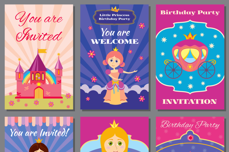 child-girl-birthday-princess-party-vector-invitations-set