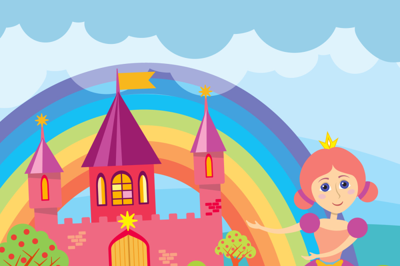 cartoon-princess-and-fairytale-castle-with-landscape-vector-illustrati